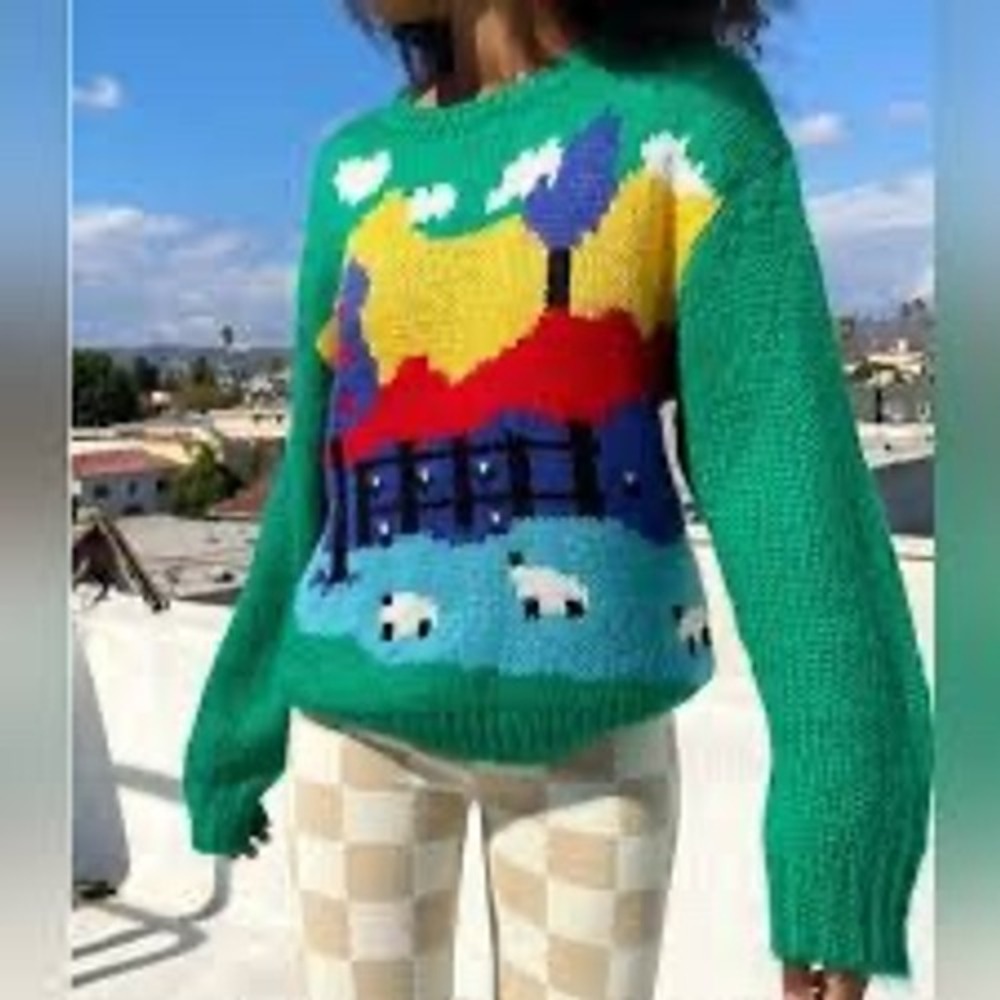 Lisa Says Gah Green Landscape Sheep Intarsia Chunky Knit Sweater XS/S Viscose - Picture 1 of 6